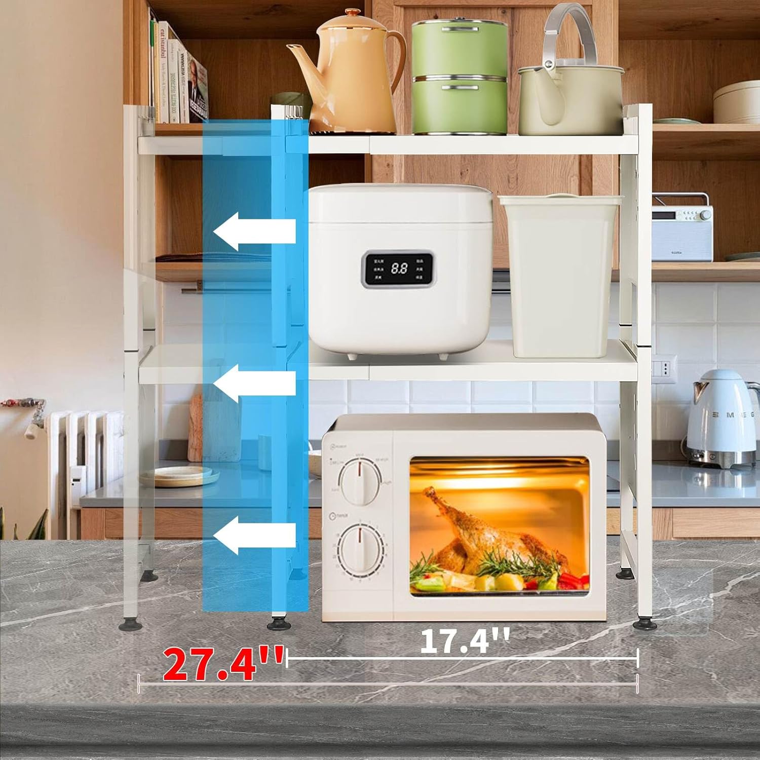 Expandable Microwave Stand Countertop, 3 Tier Heavy Duty Over Microwave Shelf Countertop with 4 Hooks, Height Adjustable Metal Microwave Oven Rack Shelf for Kitchen Tabletop,Holds 160lb,White - Image 6
