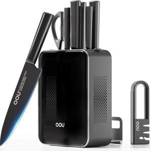 OOU Knife Set with Block and Sharpener,9 Pcs High Carbon German Steel Knife Block Set, Dishwasher Safe Knife Set with Upgrade Ventilated Block & Built-in Cutting Board Organizer, Anti-Rust
