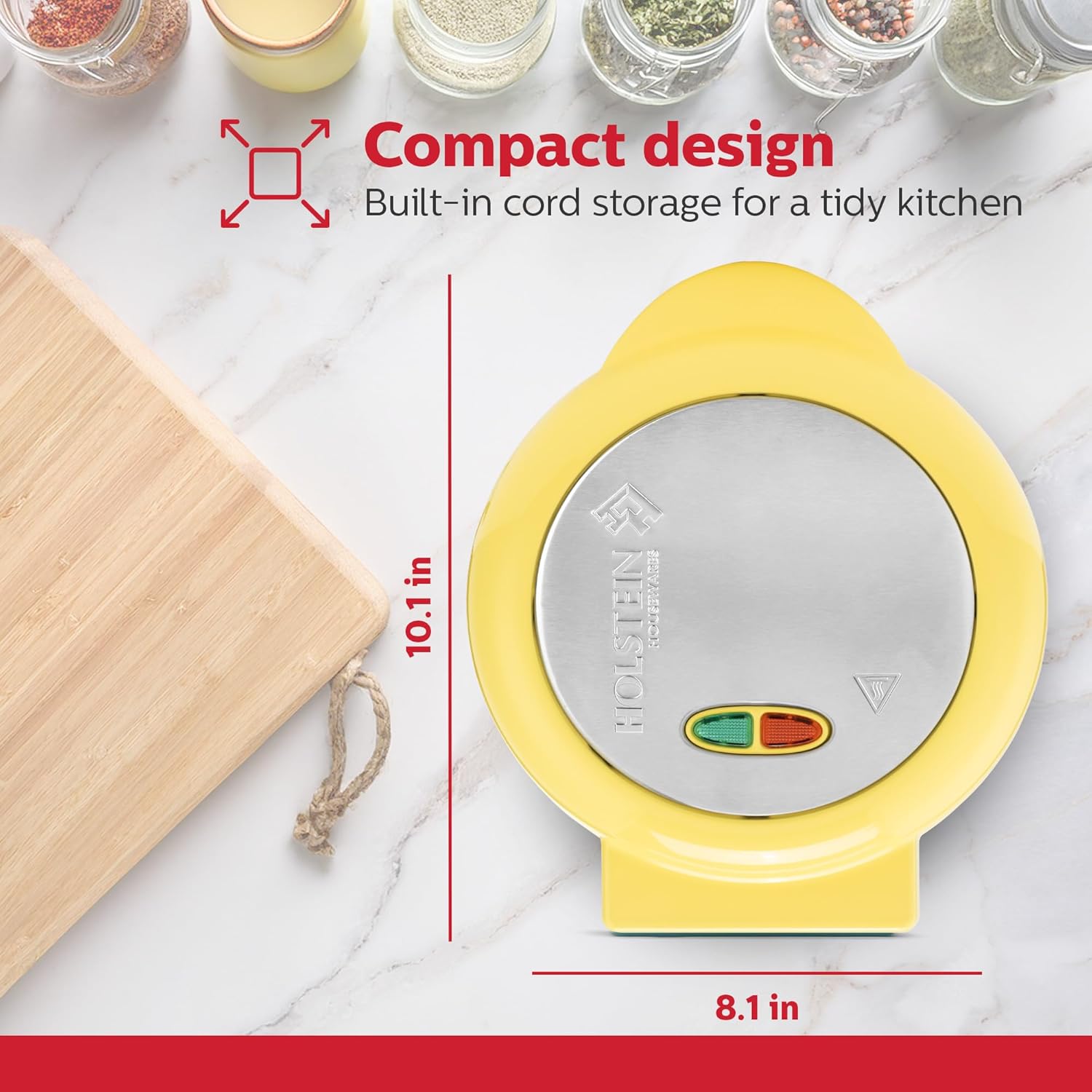 Holstein Housewares Stainless Steel 2 Section Omelet & Frittata Maker, Non Stick Coating, Easy To Clean, Indicator Lights, Compact Storage, Prepare Versatile Recipes in Minutes. 2 Portions, Yellow - Image 7