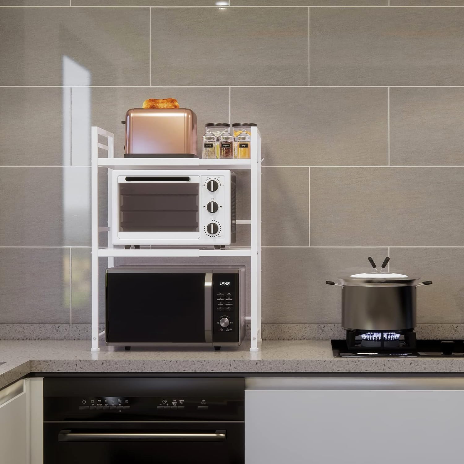 DOLALIKE Microwave Oven Rack, Expandable Microwave Stand Countertop Kitchen Utensils Tableware Storage, Carbon Steel Over Microwave Shelf Countertop 3 Tier with 3 Hooks - Image 2