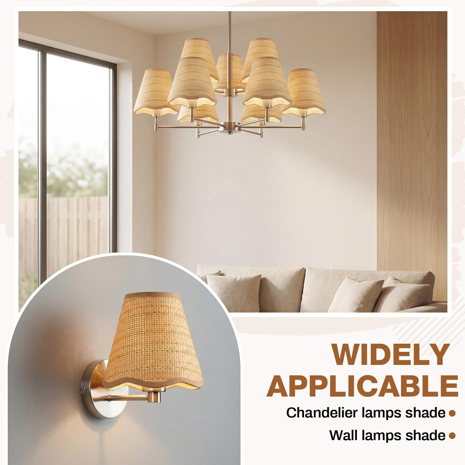 2 Pcs Chandelier Lamps Shade Small Scalloped Lampshade Rattan 3" Top x 6" Bottom x 5-1/4" Slant Height Empire Brown Woven Lamp Shade Clip on Chandelier Candle Wall Sconce Accent Lamp(Boho) - Image 3