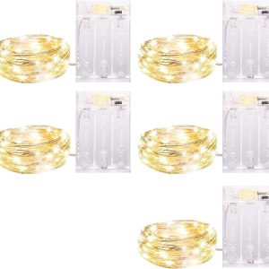 5 Pack Fairy Lights Battery Operated, 7 Feet 20 Led String Lights with Timer, Waterproof Firefly Lights on Silver Wire for Home Party Wedding Christmas Decorations, 6 Hours on/18 Hours Off, Warm White