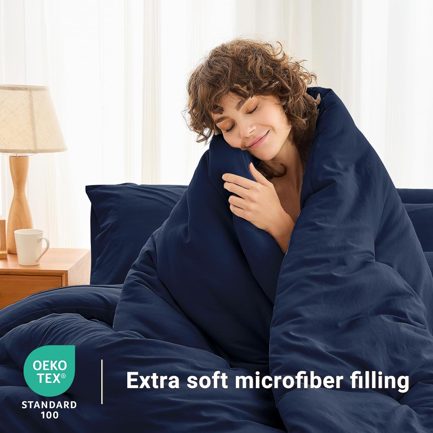 MUXHOMO 7 Pieces Queen Comforter Set, Soft Bed in a Bag Queen Size, All Season Bedding Set with Comforter, Flat Sheet, Fitted Sheet, Pillowcases & Shams, Navy Blue - Image 3