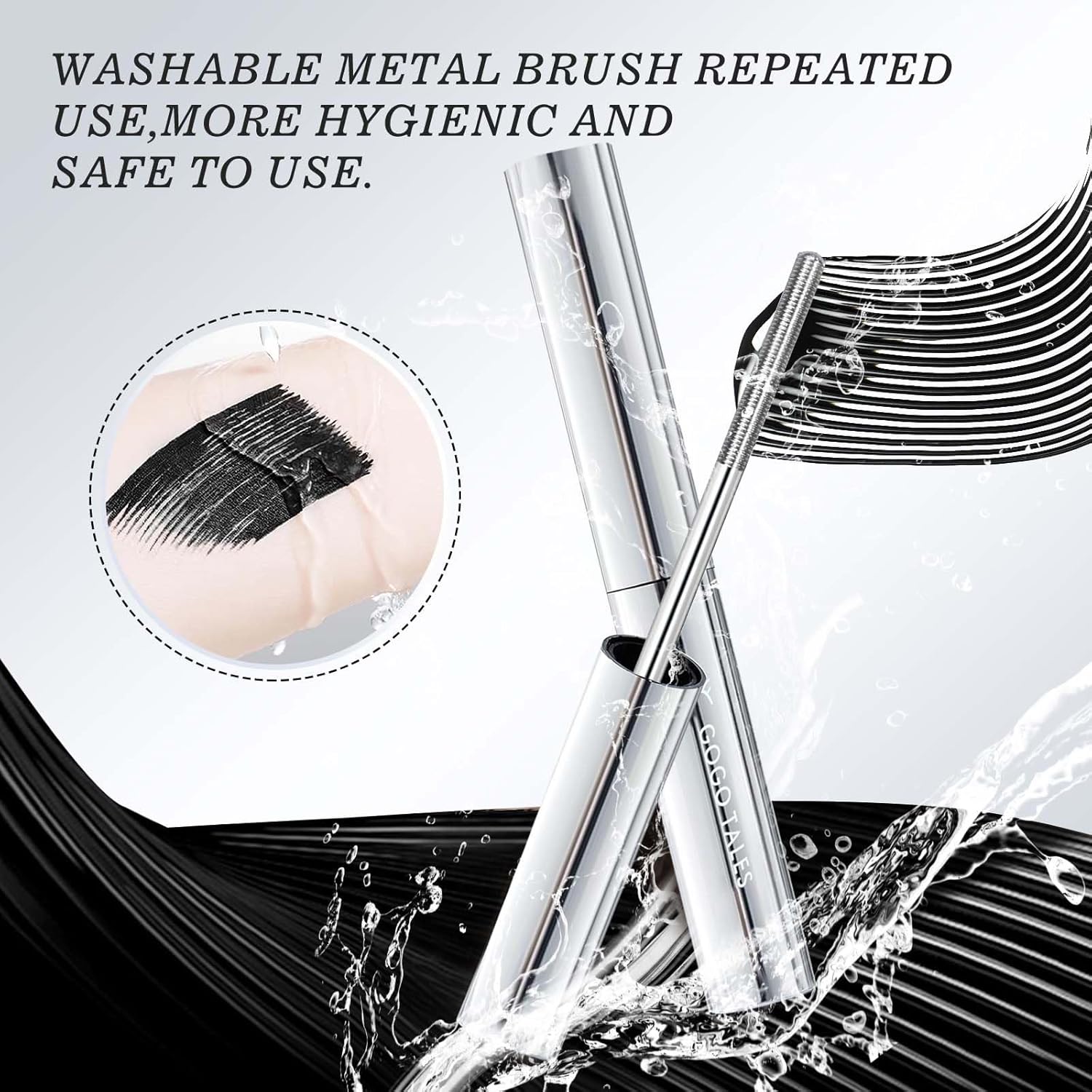 Black Washable Metal Mascara Wand, Waterproof Iron Wand Mascara Washable, Natural Length Slim Volume Buildable Formula, Separated Lashes, Long Lasting Smudge-Proof No Flaking Tint - Image 7