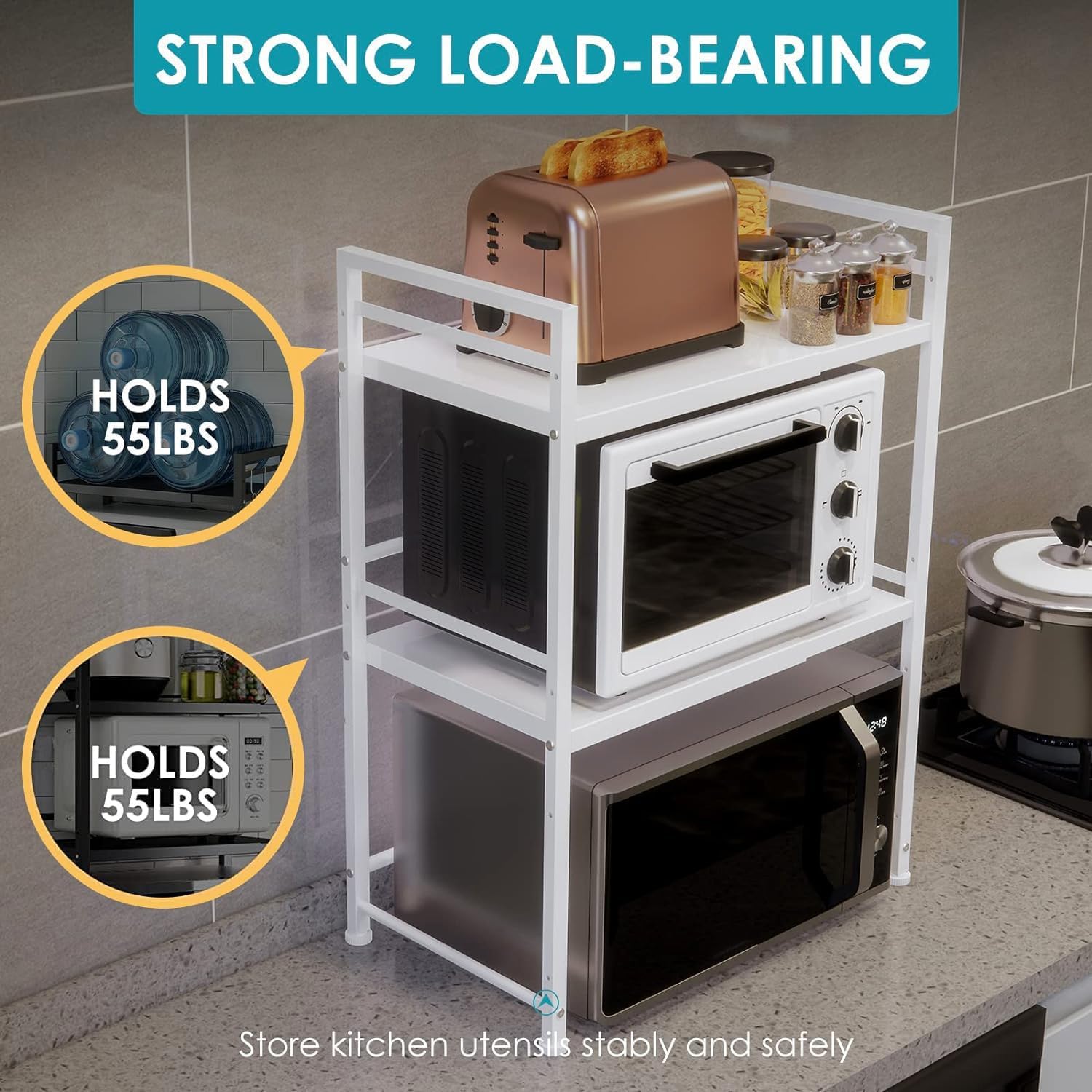 DOLALIKE Microwave Oven Rack, Expandable Microwave Stand Countertop Kitchen Utensils Tableware Storage, Carbon Steel Over Microwave Shelf Countertop 3 Tier with 3 Hooks - Image 5