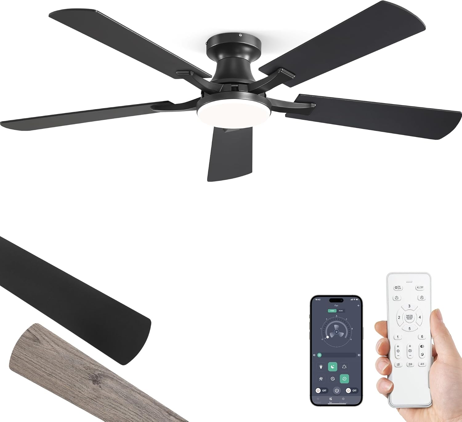 ZMISHIBO 52 Inch Ceiling Fan with Light, App&Remote Control, Flush Mount Low Profile, Dimmable 20W LED Light, Quiet Reversible Motor for Bedroom, Living Room, Apartment, Black