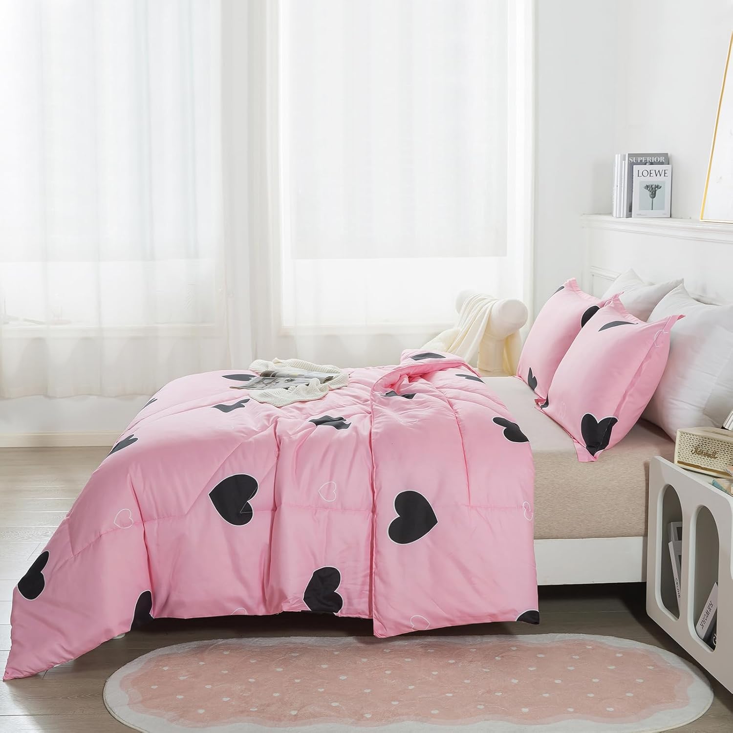Caressma Love Pattern Girls Pink Comforter Set Full Size, Blush Pink Cute Love Heart Sexy Comforter Bedding Set for All Seasons, Geometric Microfiber 3 Pieces Comforter Set with Pillowcases - Image 3