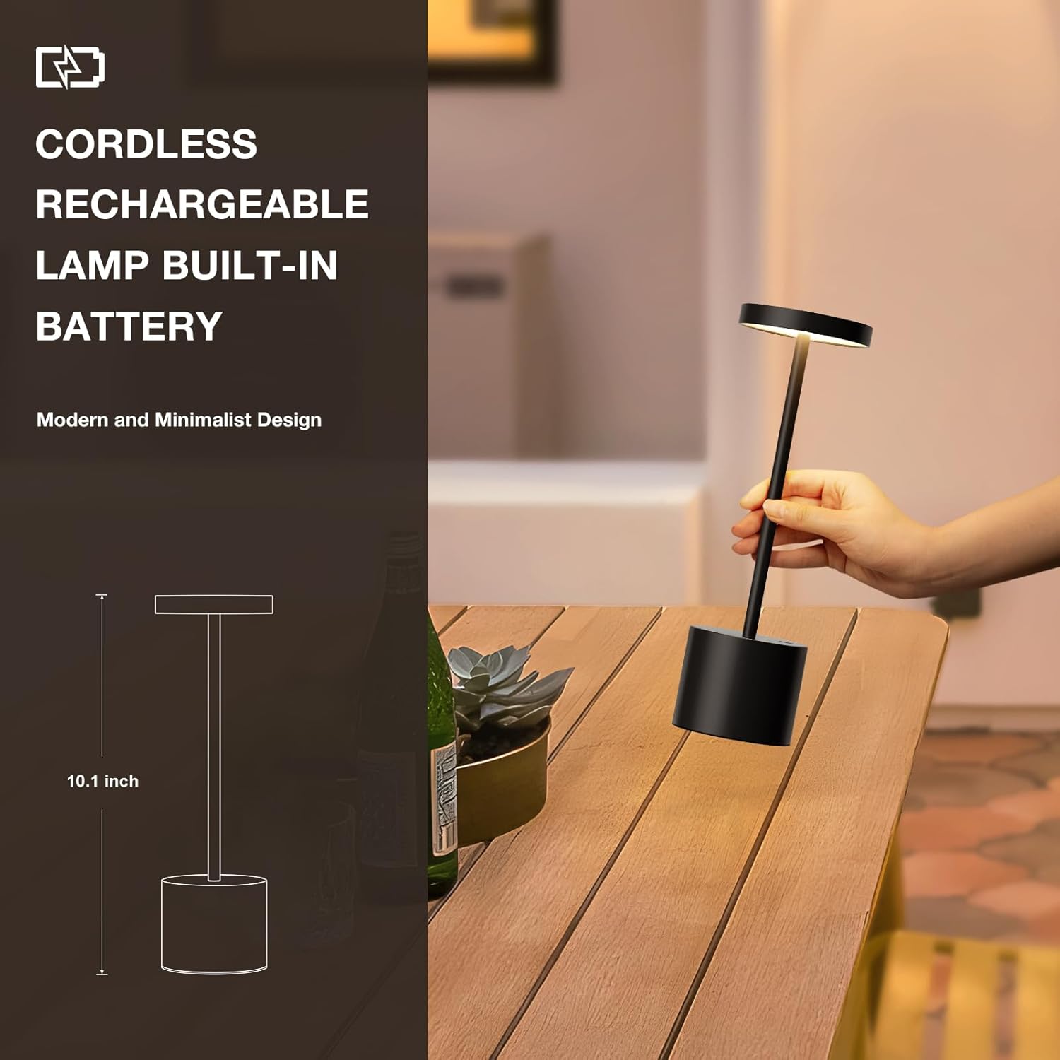 Black Cordless Table Lamp, 4000mAh Rechargeable Battery Powered Lamps, 3 Color Stepless Dimming, LED Wireless Outdoor Lamps for Dining Room, Bedroom, Bar, Cafe, Restaurant, Patio, Camping, Set of 2 - Image 4