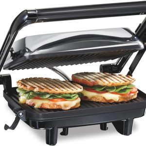 Hamilton Beach Panini Press Sandwich Maker & Electric Indoor Grill with Locking Lid, Opens Wide to Fit Any Thickness for Quesadillas, Burgers & More, Nonstick 8" x 10" Grids, Chrome (25460AG)