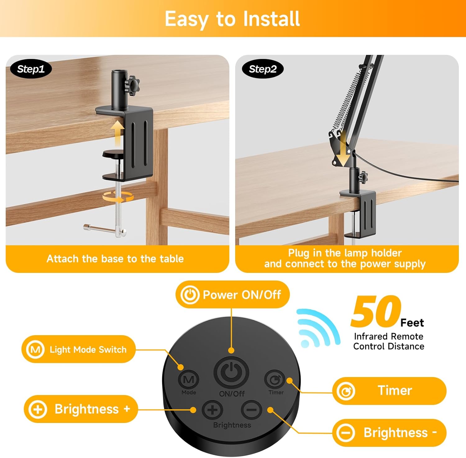 SKYLEO Led Desk Lamp for Home Office - 2400LM Ultra Bright Desk Light -Eye Caring Desk Lamp with Clamp - Adjustable Office Lamp with Remote Control- Easy Installation - 24W Black - Image 3