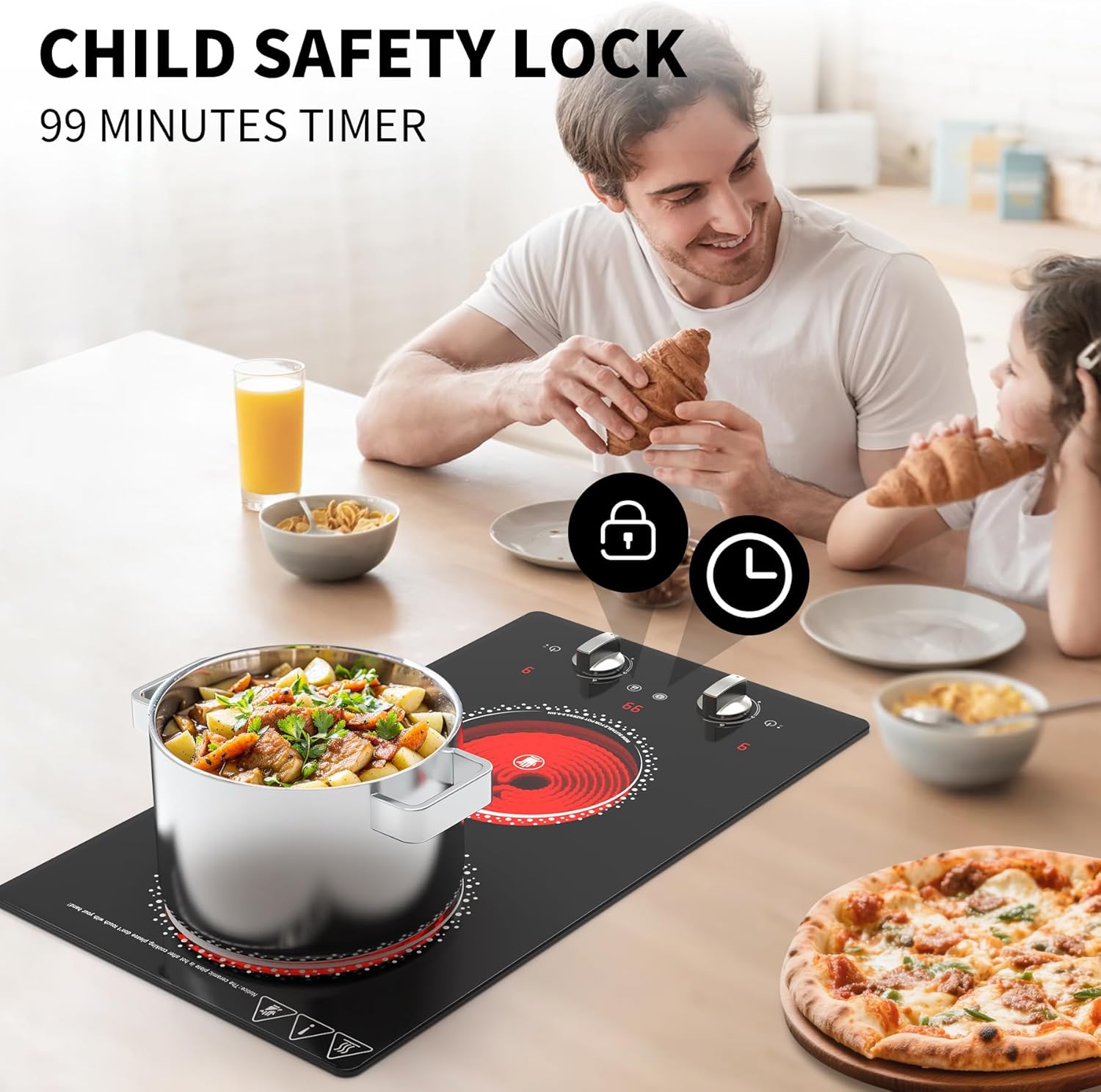 2 Burner Electric Cooktop - 12 Inch Electric Stove Top with Plug, 2100W Countertop Burners & Built-In Stove Top, 9 Levels of Power, Knob Control, Timer & Kid Safety Lock, Residual Heat Warning - Image 2