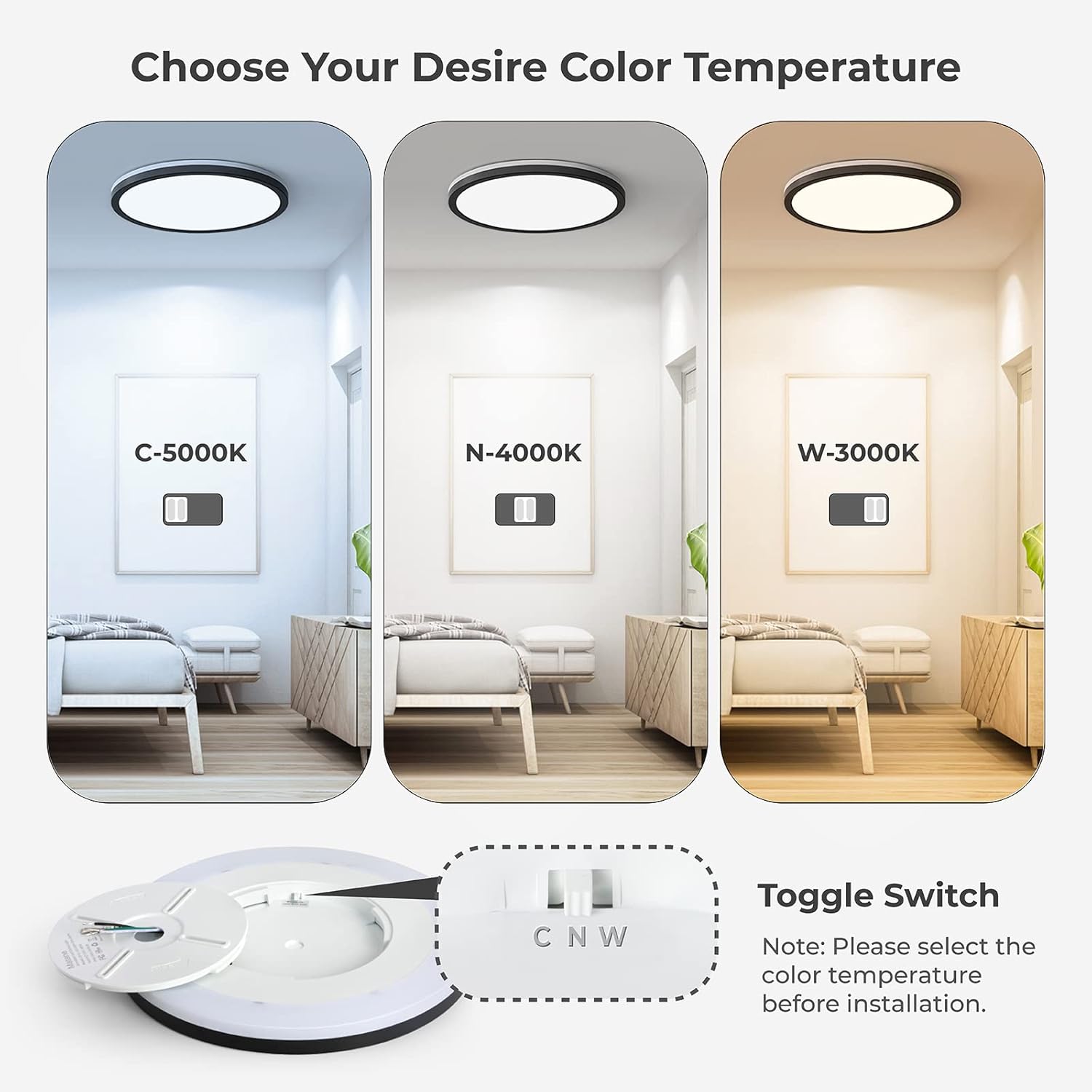 Matane 12 Inch LED Flush Mount Ceiling Light Fixture with Night Light, 24W 2400LM 3000K/4000K/5000K Selectable, Dimmable Ceiling Lights for Bedroom, Dining Room, Kitchen, Round Black - Image 5