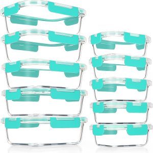 VERONES 10Pack Glass Meal Prep Containers, Airtight Glass Lunch Containers,Stackable Glass Food Storage Containers Set with Lids,Exclusive of BPA, for Microwave,Oven, Freezer&Dishwasher Friendly,Green