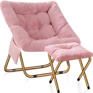 Comfy Saucer Chair, Foldable Living Room Chairs, Soft Faux Fur Lounge Chair for Bedroom, Reading Chairs for Adults, Teens, X-Large (Pink)