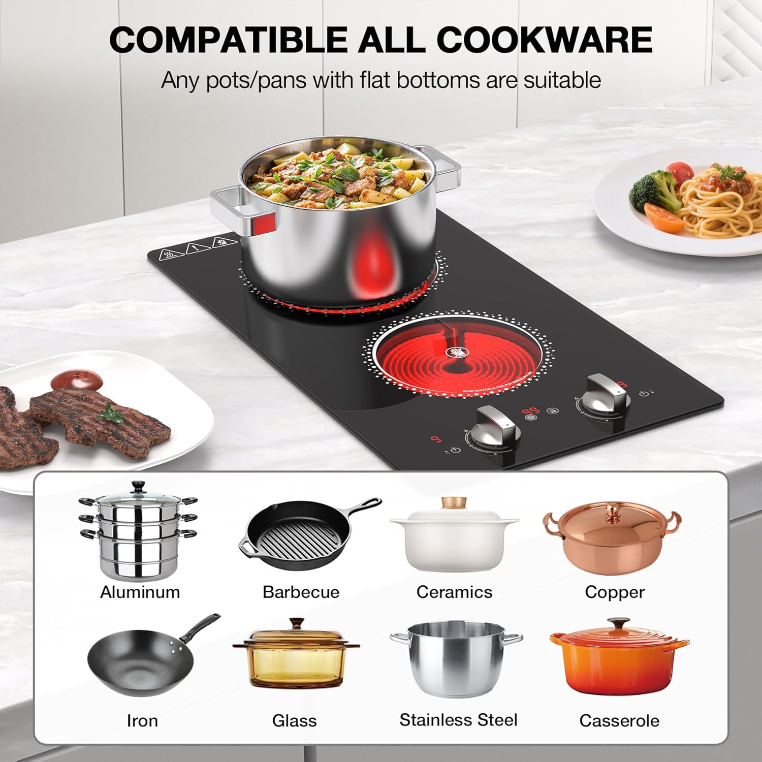 2 Burner Electric Cooktop - 12 Inch Electric Stove Top with Plug, 2100W Countertop Burners & Built-In Stove Top, 9 Levels of Power, Knob Control, Timer & Kid Safety Lock, Residual Heat Warning - Image 8