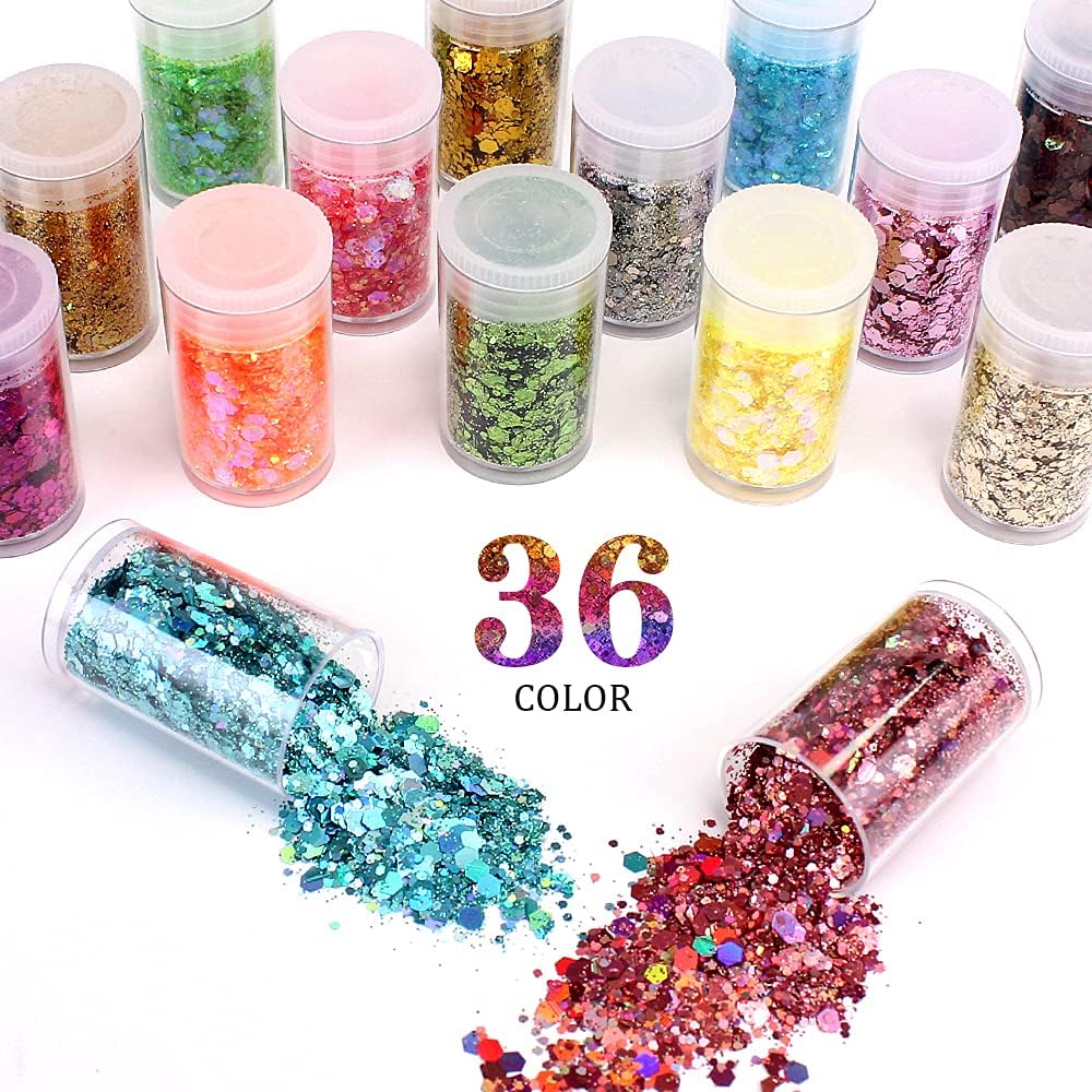 Chunky and Fine Glitter Mix, Estanoite 36 Colors Chunky Sequins & Fine Glitter Powder Mix, Cosmetic Makeup Flakes for Face Body Eye Nail Art Resin Epoxy - Image 2