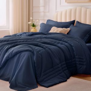 Queen Comforter Set Navy - Bed in a Bag Queen Size 7 Pieces, Soft Bedding Set for All Seasons, Premium Queen Comforter Set with Comforter, Sheets, Pillowcases & Shams