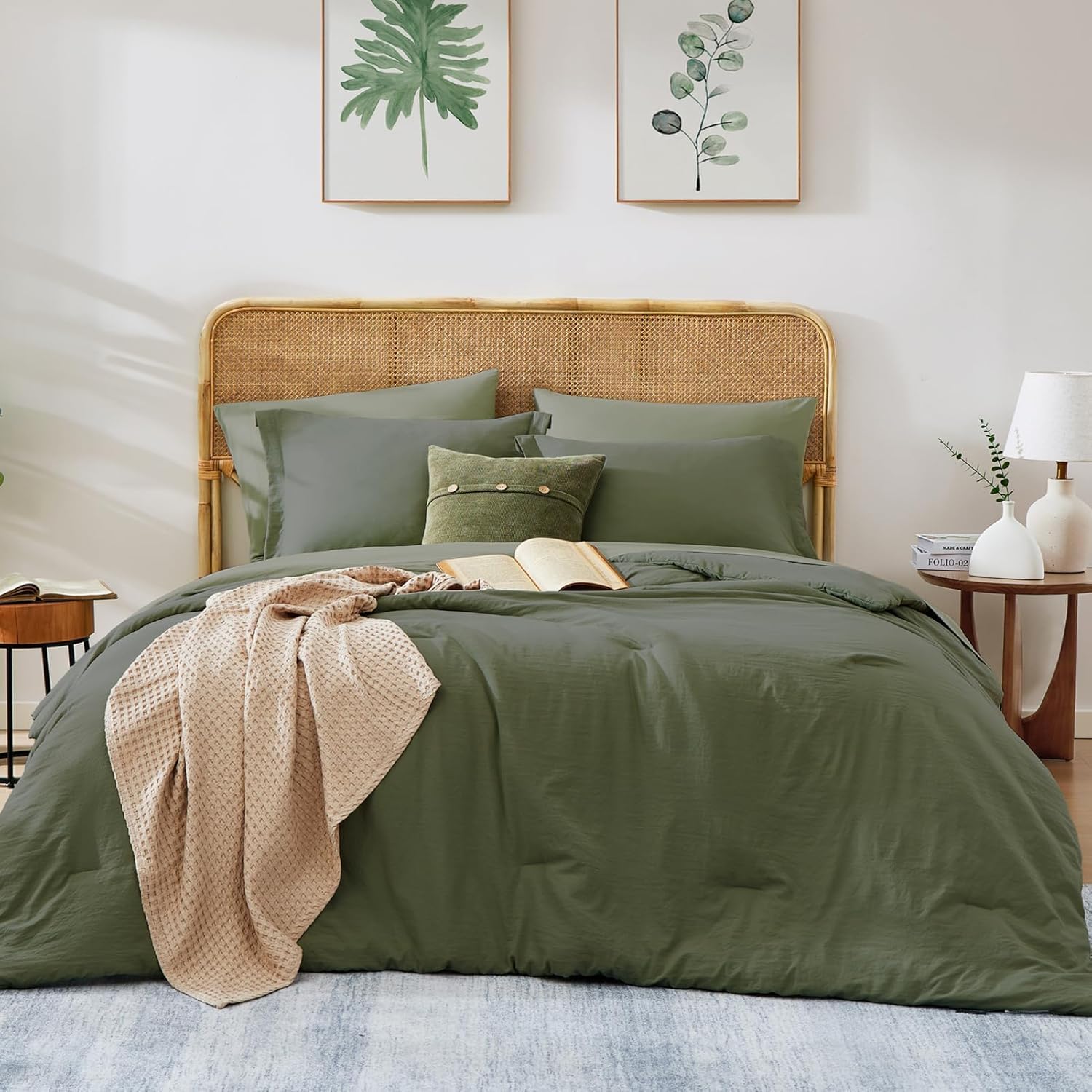 WRENSONGE Queen Comforter Set- 7 Pieces Soft Olive Green Bed in a Bag with Fitted Sheet, Flat Sheet, 2 Pillow Shams, and 2 Pillowcases- Warm Bedding Sets Queen for All Season - Image 2