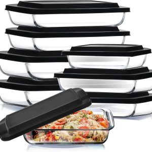 Nestl 8-Pack Glass Baking Dishes for Oven, Glass Food Storage Containers with Lids, Leakproof Casserole Dishes for Oven with Lid, Cooking, Microwave Oven Freezer Safe Bakeware, 9x13 Lasagna Pan Black
