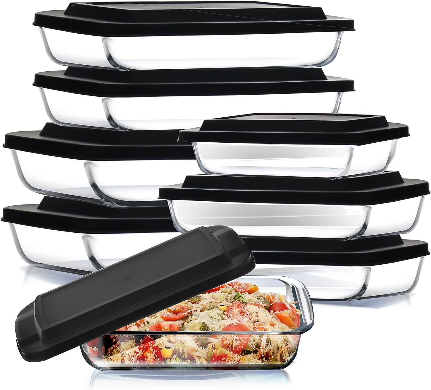 Nestl 8-Pack Glass Baking Dishes for Oven, Glass Food Storage Containers with Lids, Leakproof Casserole Dishes for Oven with Lid, Cooking, Microwave Oven Freezer Safe Bakeware, 9×13 Lasagna Pan Black