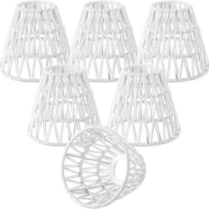 6 Pcs Small White Rattan Bell Lamp Shade Boho Handwoven Barrel Rattan Chandelier Shades Replacement for Table Floor Lamp Pendant Light Fixtures, 5.5" H x 5.9" D, 2.76" Fitter