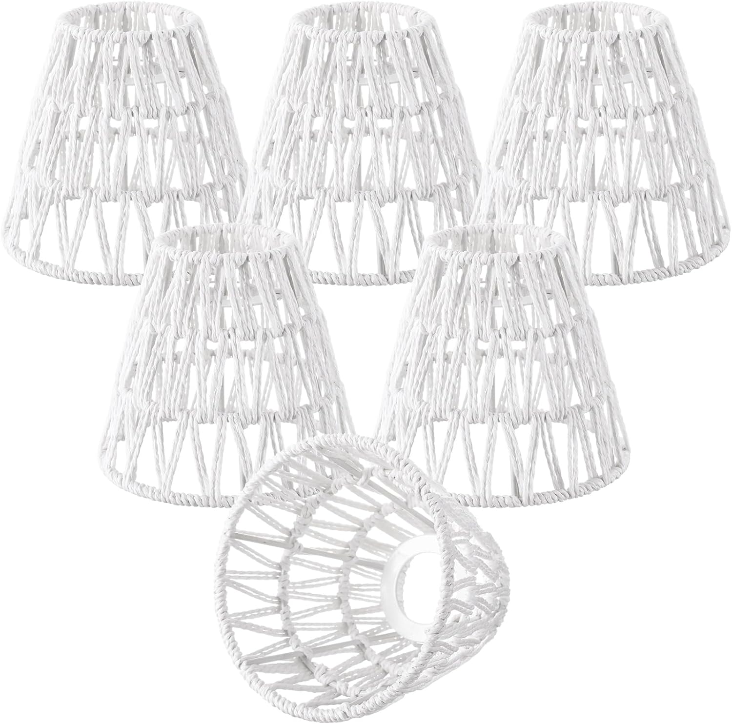6 Pcs Small White Rattan Bell Lamp Shade Boho Handwoven Barrel Rattan Chandelier Shades Replacement for Table Floor Lamp Pendant Light Fixtures, 5.5″ H x 5.9″ D, 2.76″ Fitter