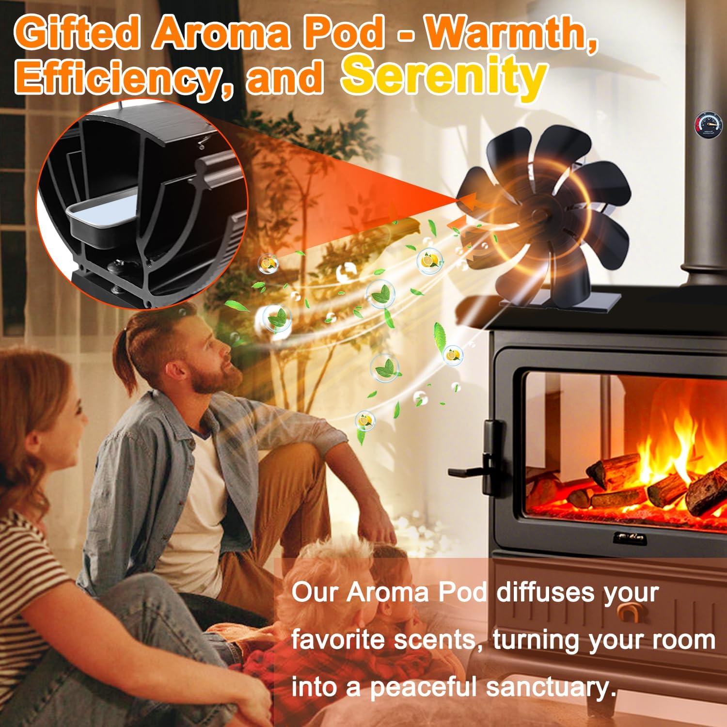 Tomersun Wood Stove Fan Heat Powered 8-Blade Stove Fan, Fireplace Fan for Wood Burning Stove/Pellet/Log Burner, w/Stove Accessories Thermometer & Aroma Pod - Image 3