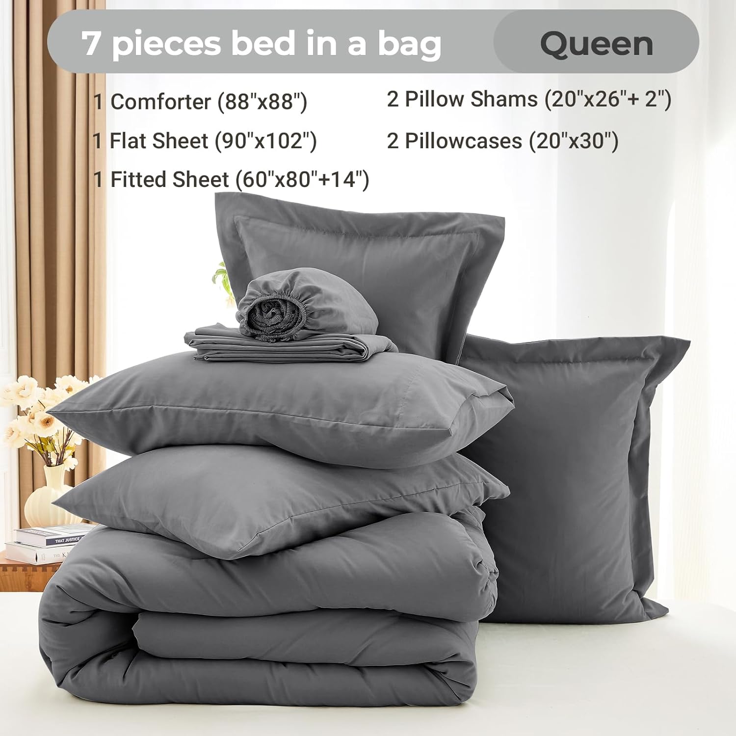 MUXHOMO 7 Pieces Queen Comforter Set, Soft Bed in a Bag Queen Size, All Season Bedding Set with Comforter, Flat Sheet, Fitted Sheet, Pillowcases & Shams, Dark Grey - Image 4