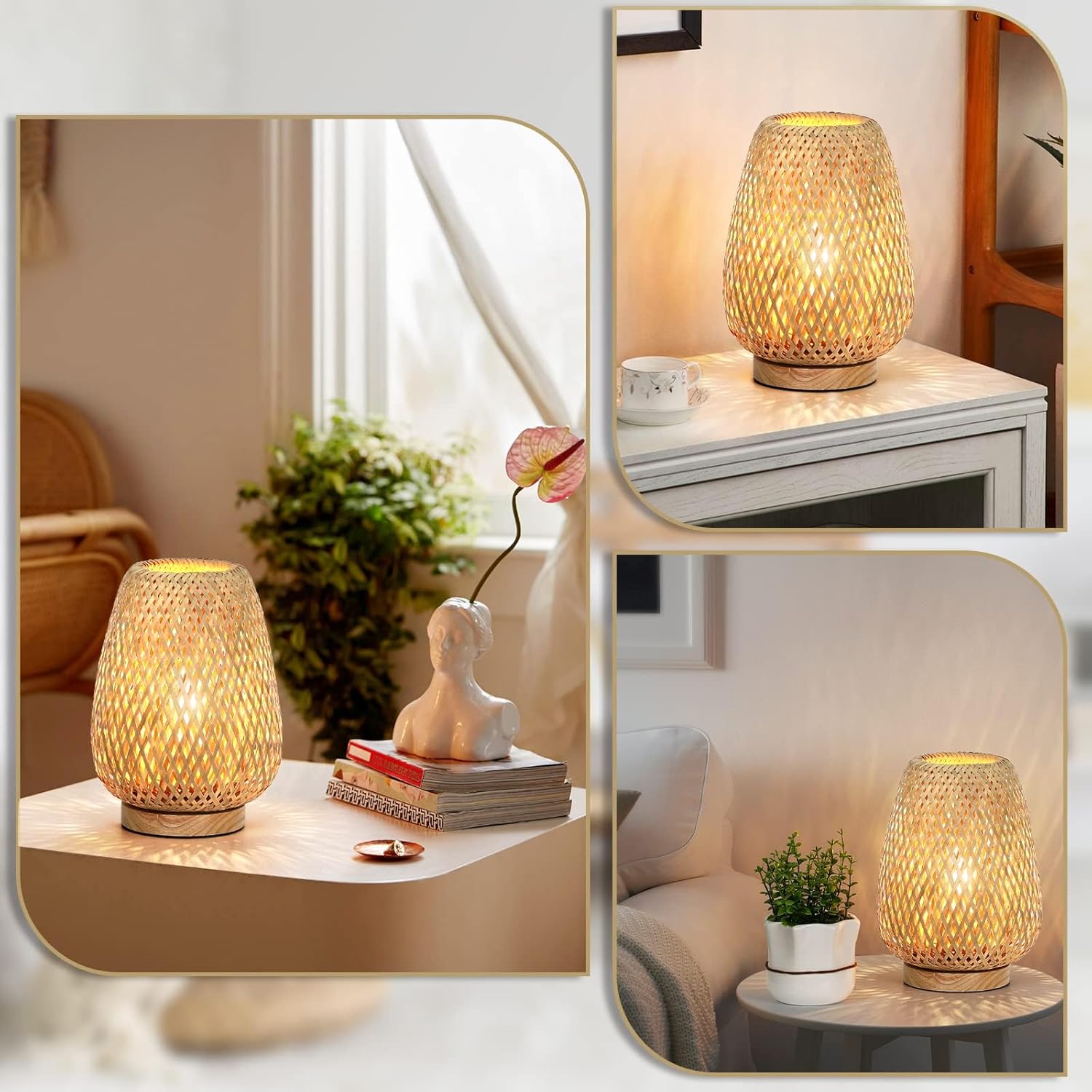 Rattan Table Lamp, Stepless Dimmable Small Beside Lamp, Vintage Wicker Wooden Nightstand Boho Bamboo Woven End Table Lamps for Bedroom Living Room Desk Kids Room, 2700K T45 LED Bulb Included - Image 7