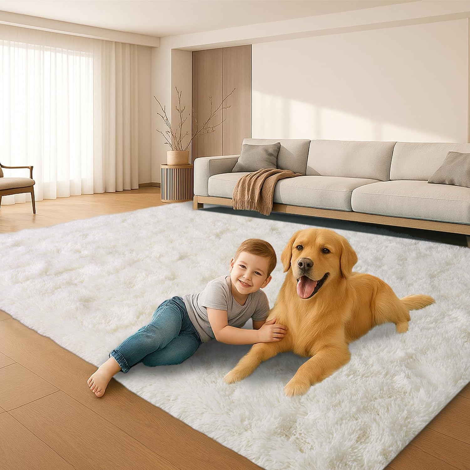 8x10 Area Rugs Living Room, Cream White Large Plush Fluffy Bedroom Carpet, Non-Slip Upgraded Indoor Thick Soft Rug, Modern Plush Carpet Suitable for Kids Home Decor Aesthetics Dorm. - Image 6