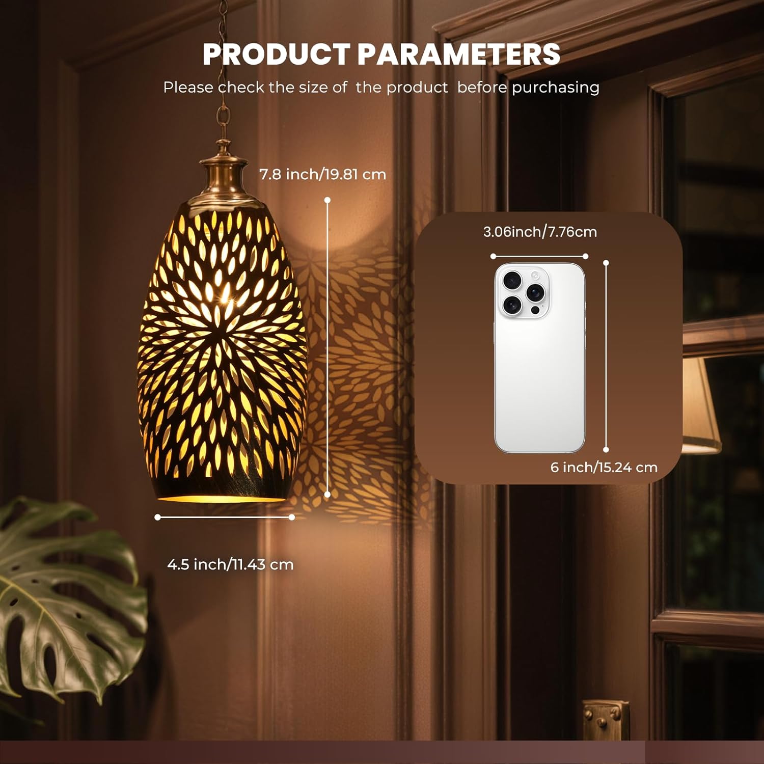 Pendant Light Shade Replacement, Metal Lampshade with 1-5/8" Fitter, 7.8" Height and 4.7" Diameter Etched Hollowed Lamp Shade, Antique Bronze Oval Shaped Cover for Chandelier Pendant Light Wall Lamp - Image 4