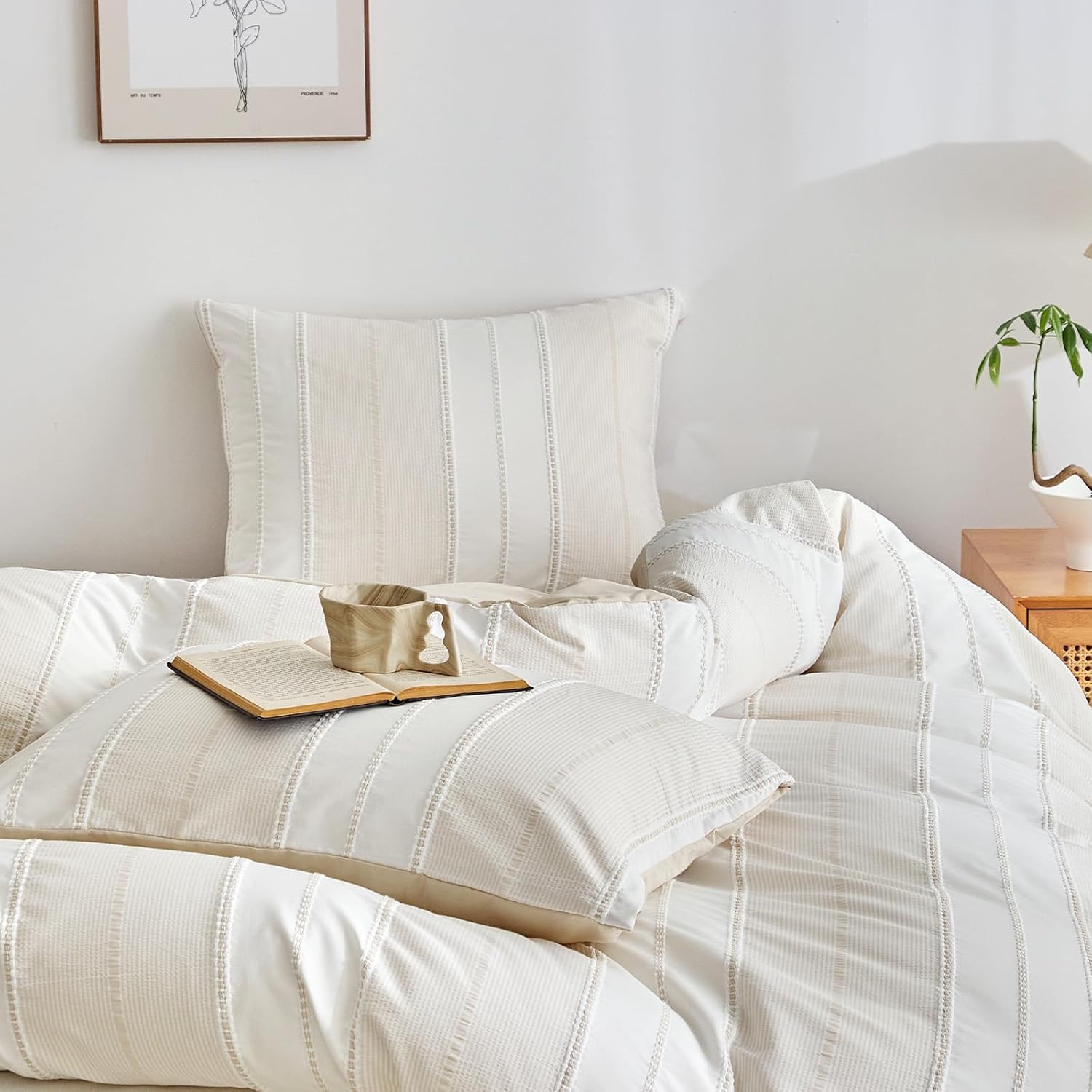 WARMDERN Khaki Striped Weave Duvet Cover Queen Size, White Knit Boho Duvet Cover Set, Microfiber Textured Bedding Set with Zipper Closure and Corner Ties (Khaki, Queen) - Image 4