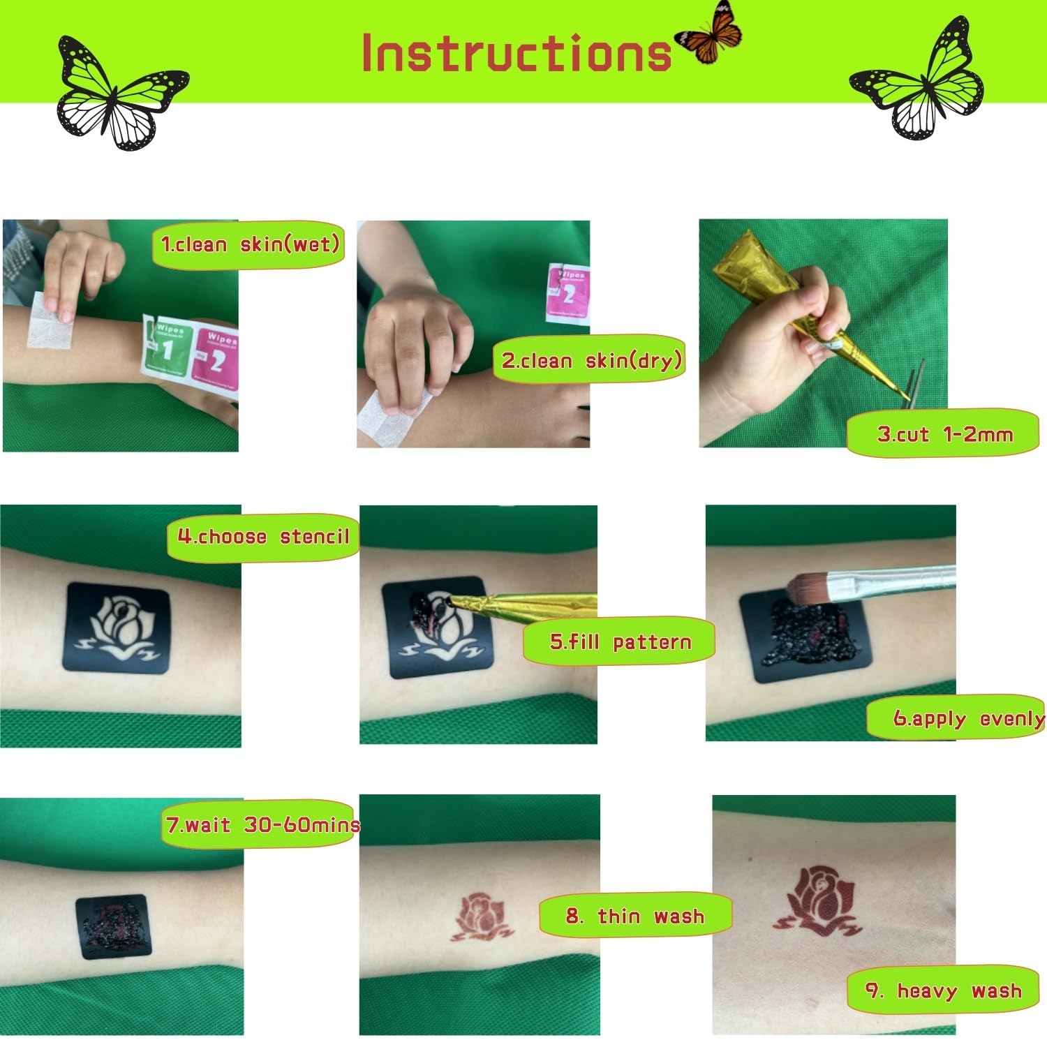 Temporary Tattoos Kit - Large 12 Sheets Temporary Tattoo Stencil Kit - 78 Unique Tattoo Designs - 6 Pcs (Brown/Black/Maroon) Ink with Paint Brush for DIY Body Art - Tattoos for Women Men Kids - Image 5