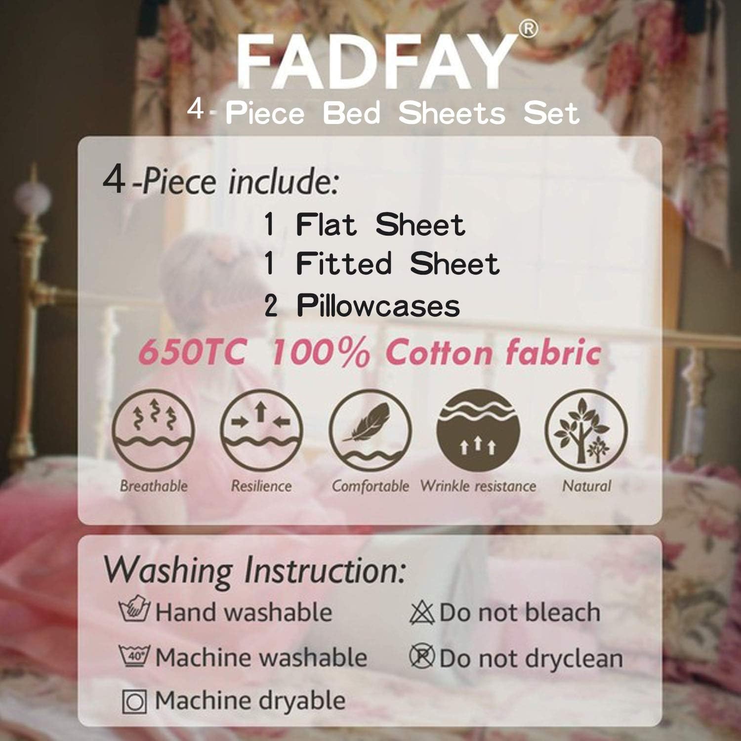 FADFAY Cotton Bed Sheets Set Rose Floral Bed Sheets 4-Piece Queen Size - Image 7