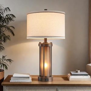 RORIA Farmhouse Table Lamps for Living Room with 2 USB Charging Ports, Vintage Rustic Nightstand Lamp with Amber Glass Nightlight, Retro Desk Lamp for Bedroom Entryway, 2 Bulbs Included