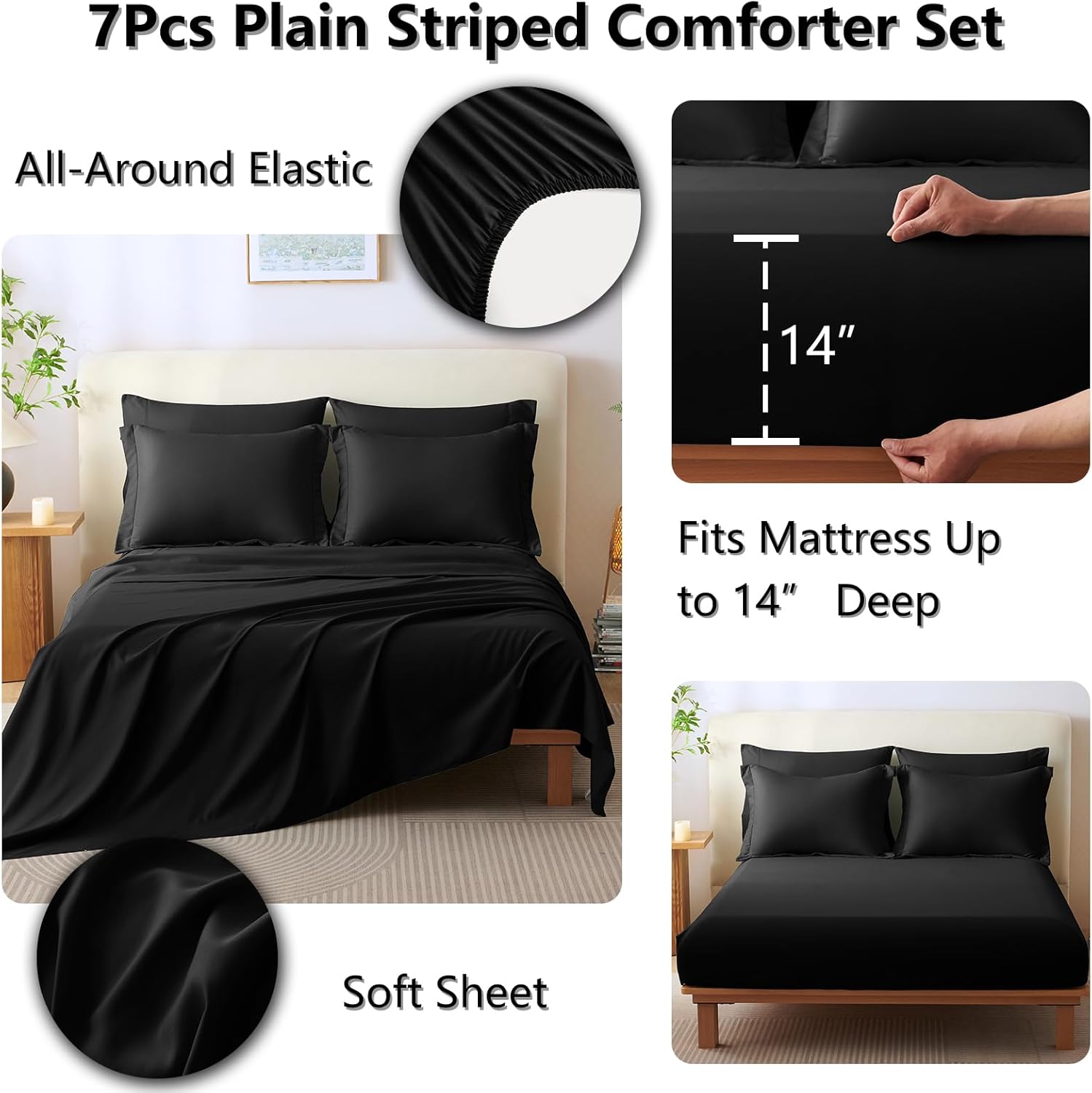 CozyLux Queen Size Comforter Sets - 7 Piece Bed in a Bag Black Comforter Set with Sheets Queen Bed Set All Seasons, Soft Bedding Set with Down Alternative Comforter, Sheets, Pillowcases & Shams - Image 7