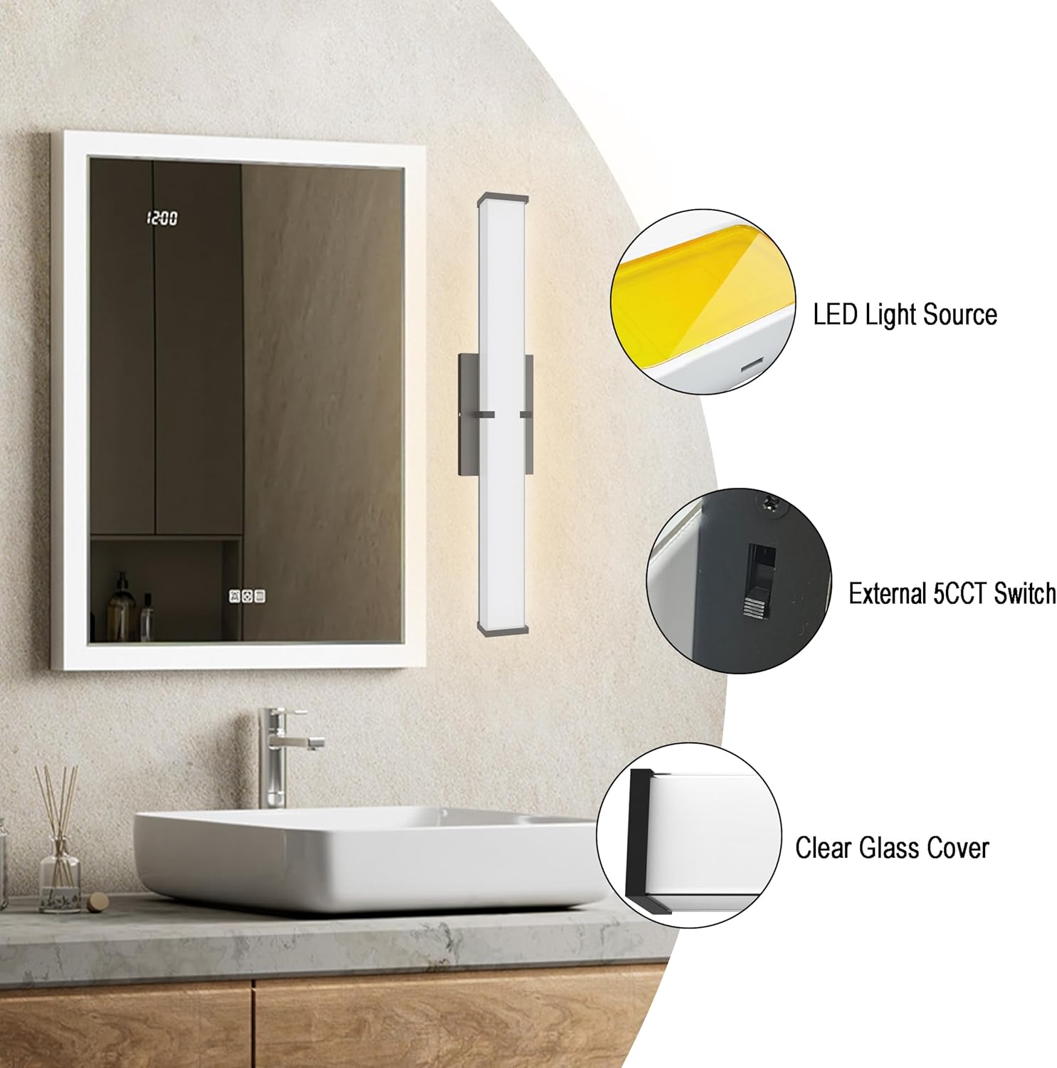 15.74Inch 2000LM Bathroom Light Fixtures 5CCT Optional, Black Modern LED Vanity Lights Clear Shade, Dimmable Bathroom Lighting Fixtures Over Mirror - ETL Listed - Image 5