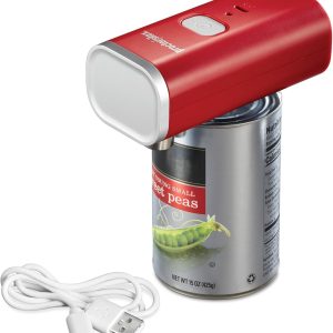Proctor Silex Automatic Electric Can Opener, Hands Free Cordless Operation & USB Rechargeable, Self-Aligning, Cut Smooth Touch Lid Edges, Compact and Easy to Store, Red