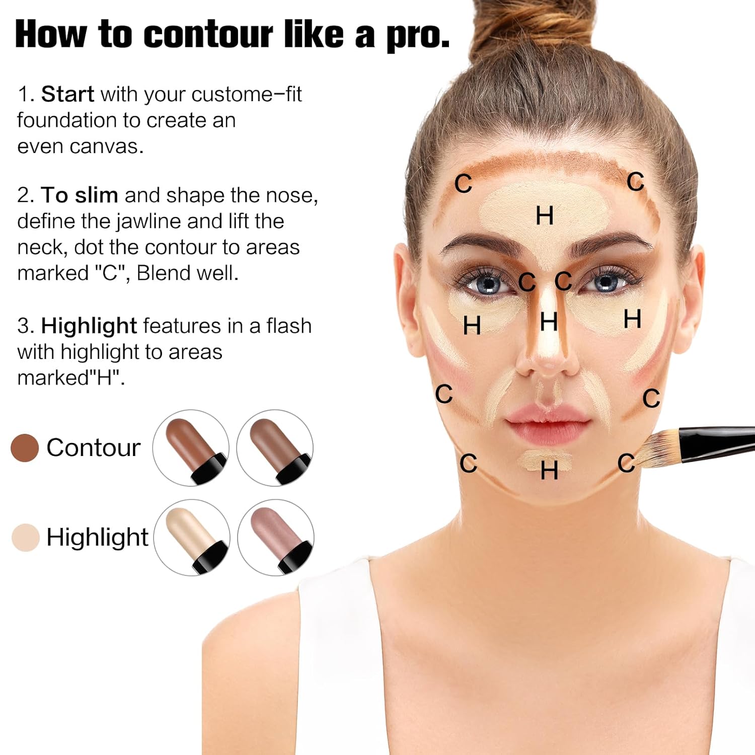Contour Stick, 2Pcs Dual-Ended Highlighter Makeup Pen & Contouring Stick for Face Shaping, Long Lasting Waterproof Cream Bronzer & Highlight Sticks Make Up Kit for All Skin Tones(01# + 03#) - Image 5