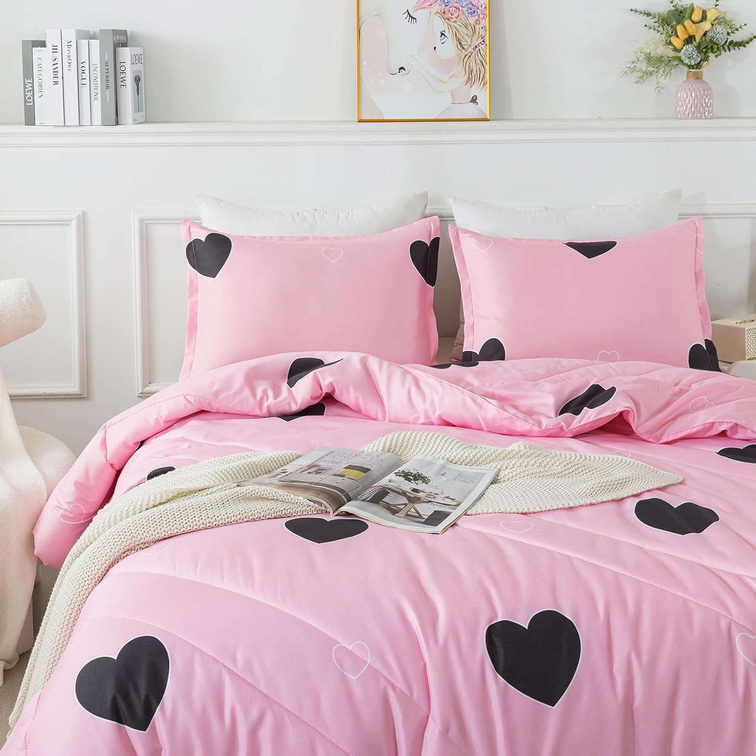 Caressma Love Pattern Girls Pink Comforter Set Full Size, Blush Pink Cute Love Heart Sexy Comforter Bedding Set for All Seasons, Geometric Microfiber 3 Pieces Comforter Set with Pillowcases - Image 5