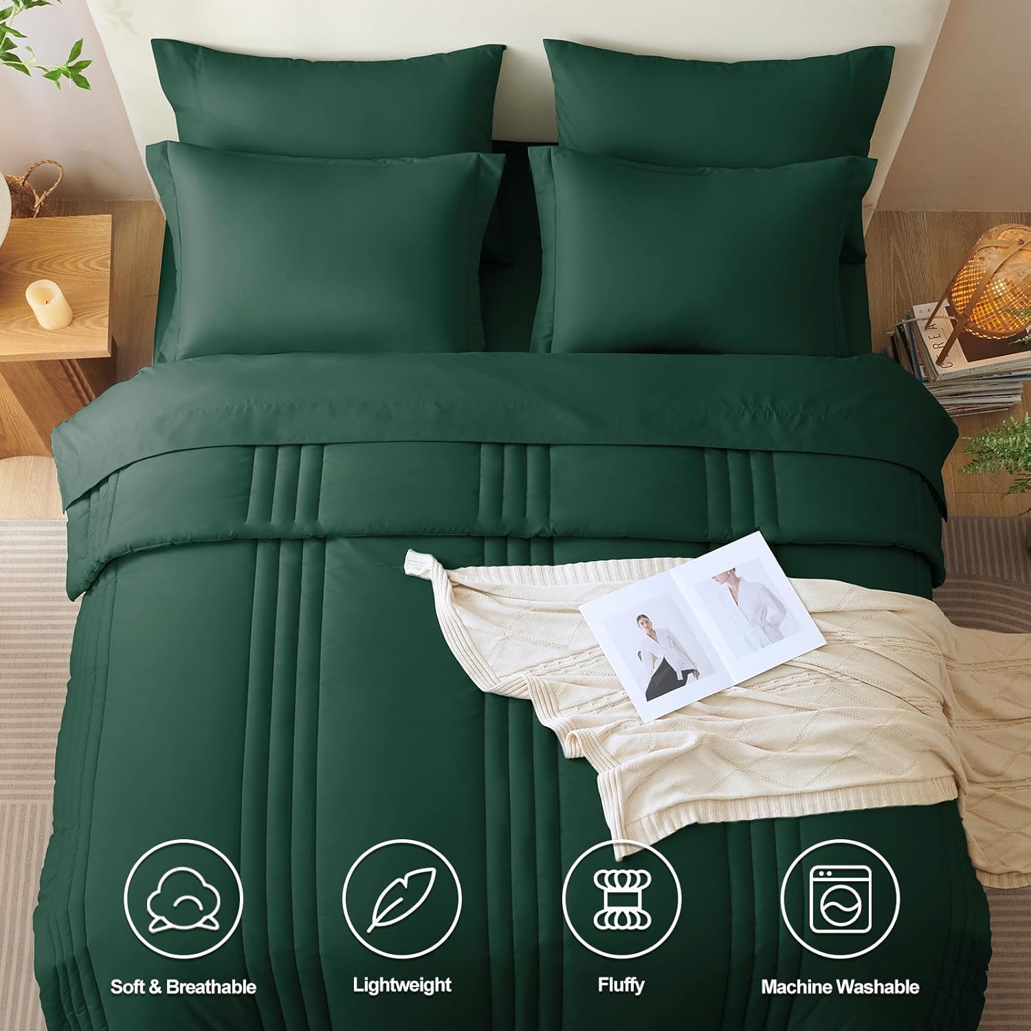 CozyLux Full Size Comforter Sets - 7 Piece Bed in a Bag Emerald Green Comforter Set with Sheets Bed Set All Seasons, Soft Bedding Set with Down Alternative Comforter, Sheets, Pillowcases & Shams - Image 2