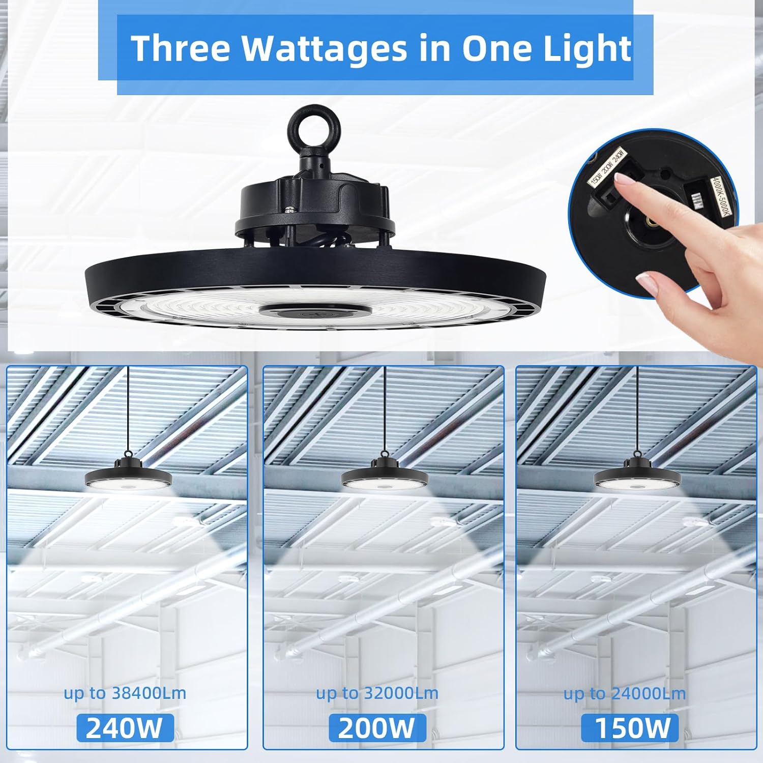 High Bay Light, Watt Adjustable 150W/200W/240W, Color Tunable 4000K/5000K, UFO Led Shop Lights, Up to 38400Lumens, 0-10V Dimmable, 120-277V, ETL&DLC Qualified for Warehouse Garage - Image 3