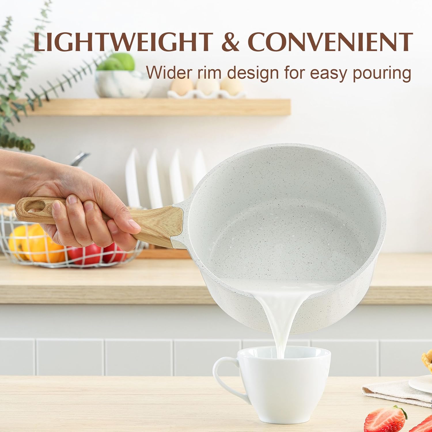 SENSARTE White Ceramic Nonstick Saucepan with Lid 1.5 Quarts, Small Cooking Pot with Stay Cool Handle, Induction Compatible Saucepot, White Granite Coating, Free of Intentionally Added PTFE/PFOA/PFAS - Image 4