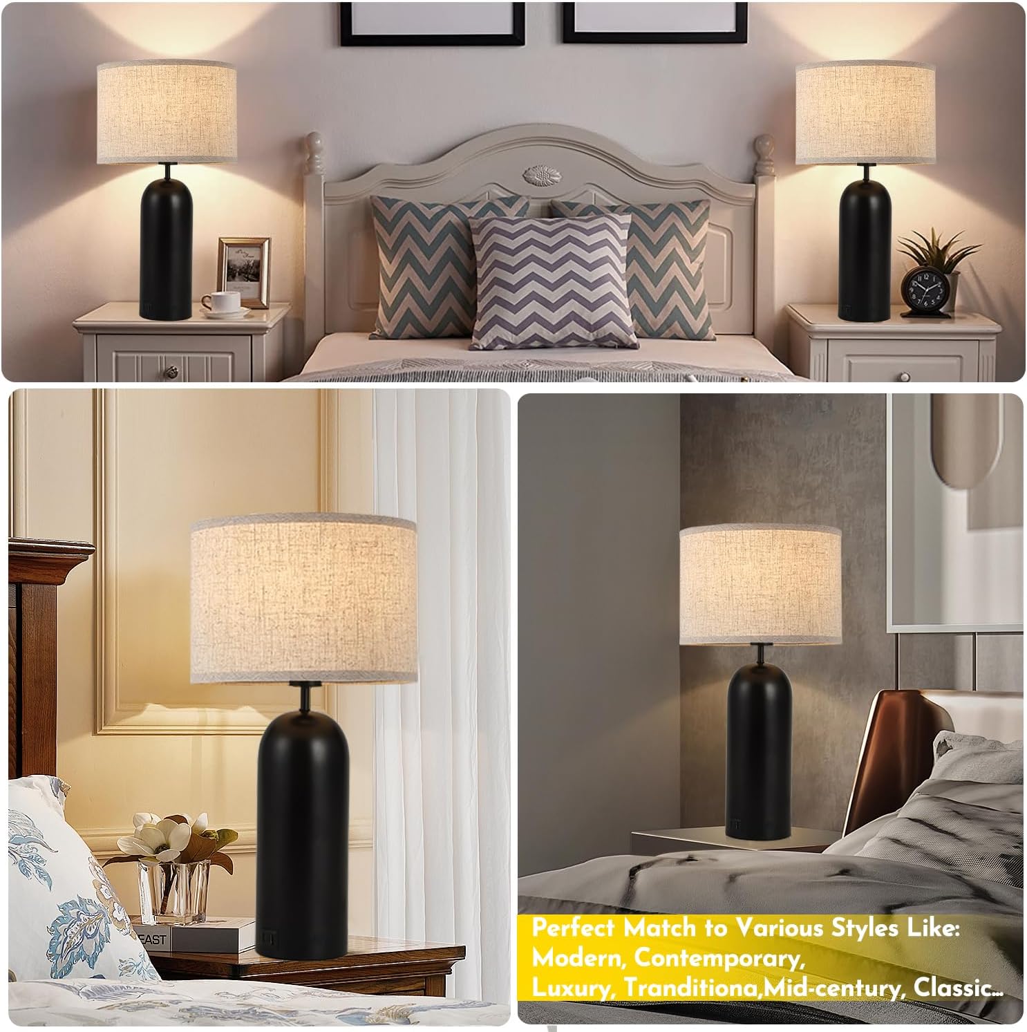 Black&Cream Table Lamps Set of 2 - 3-Way Dimmable with USB A+C Ports - Modern End Table Lamps for Living Room & Bedroom - 22inch - Image 7