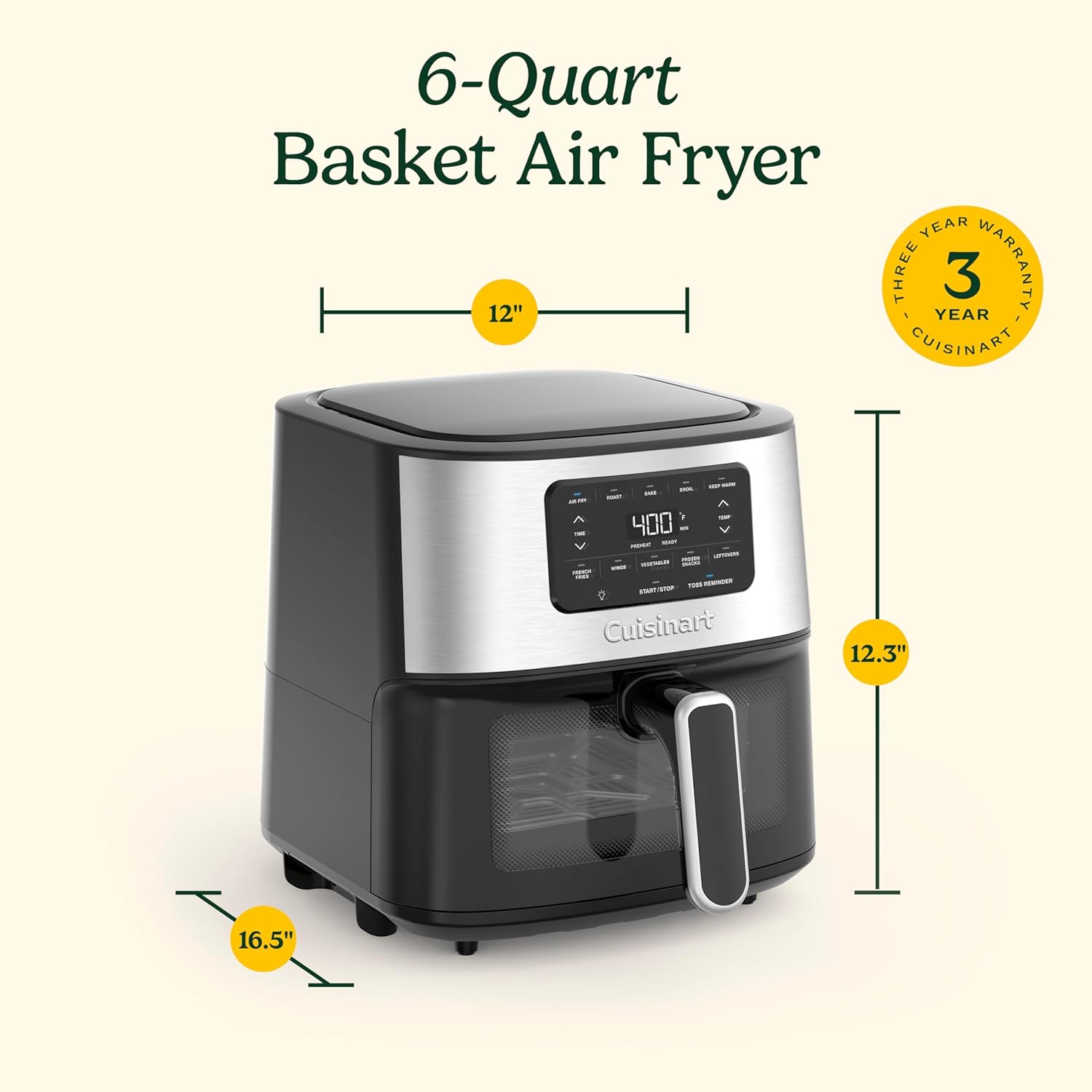 Cuisinart Air Fryer, 6-Quart Basket Large Fryer with 5 Cooking Functions to Roast, Bake, Broil, Air Fry and Keep Warm, 5 Airfryer Presets, Dishwasher-Safe Parts, AIR-200NAS, Stainless Steel & Black - Image 7