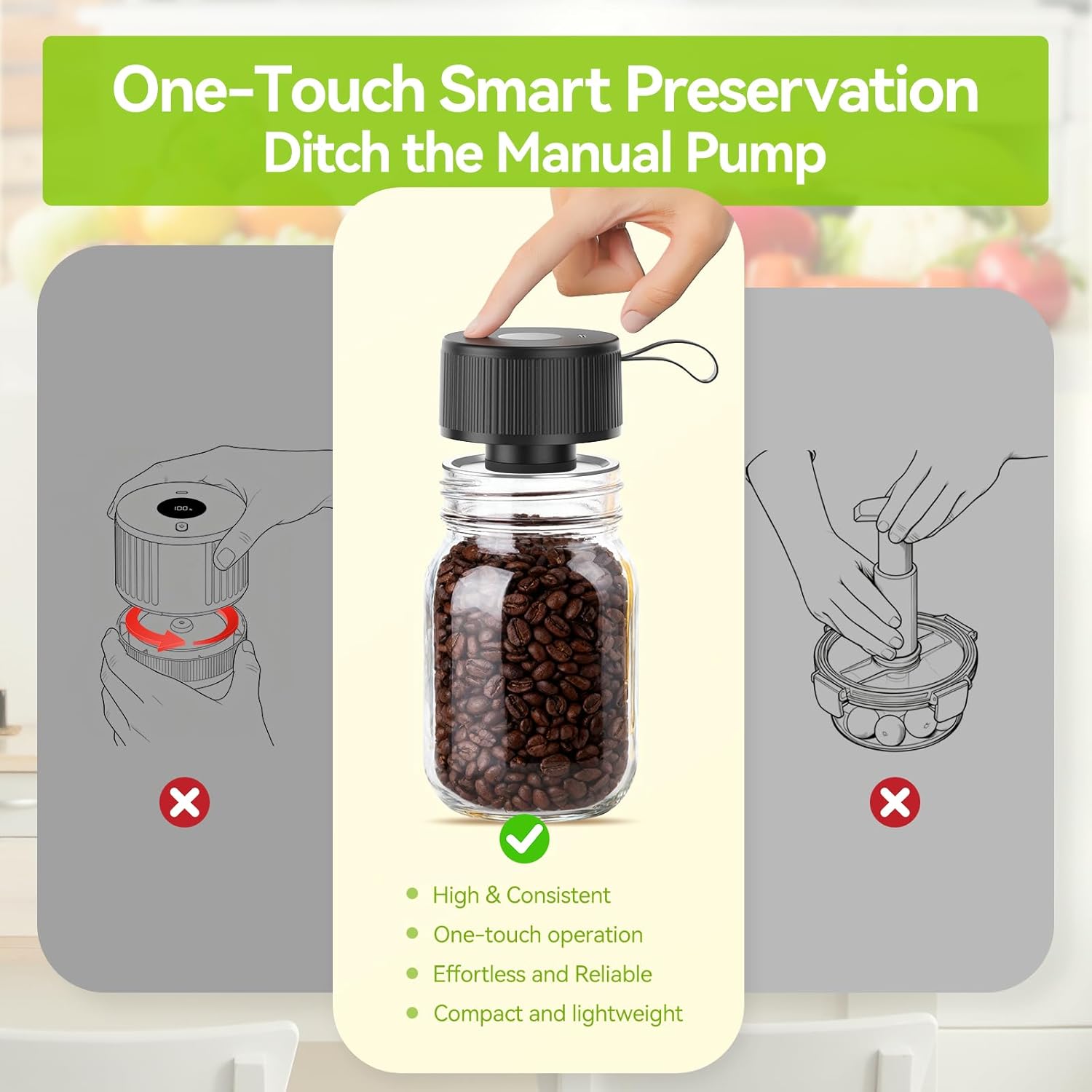 Upgraded 3-in-1 Electric Mason Jar Vacuum Sealer Kit for Mason Jars, Food Savers & Containers | Food Preservation System for Kitchen | Ideal for Canning Jams, Pickles, Dry Foods, Grains & Leftovers - Image 3