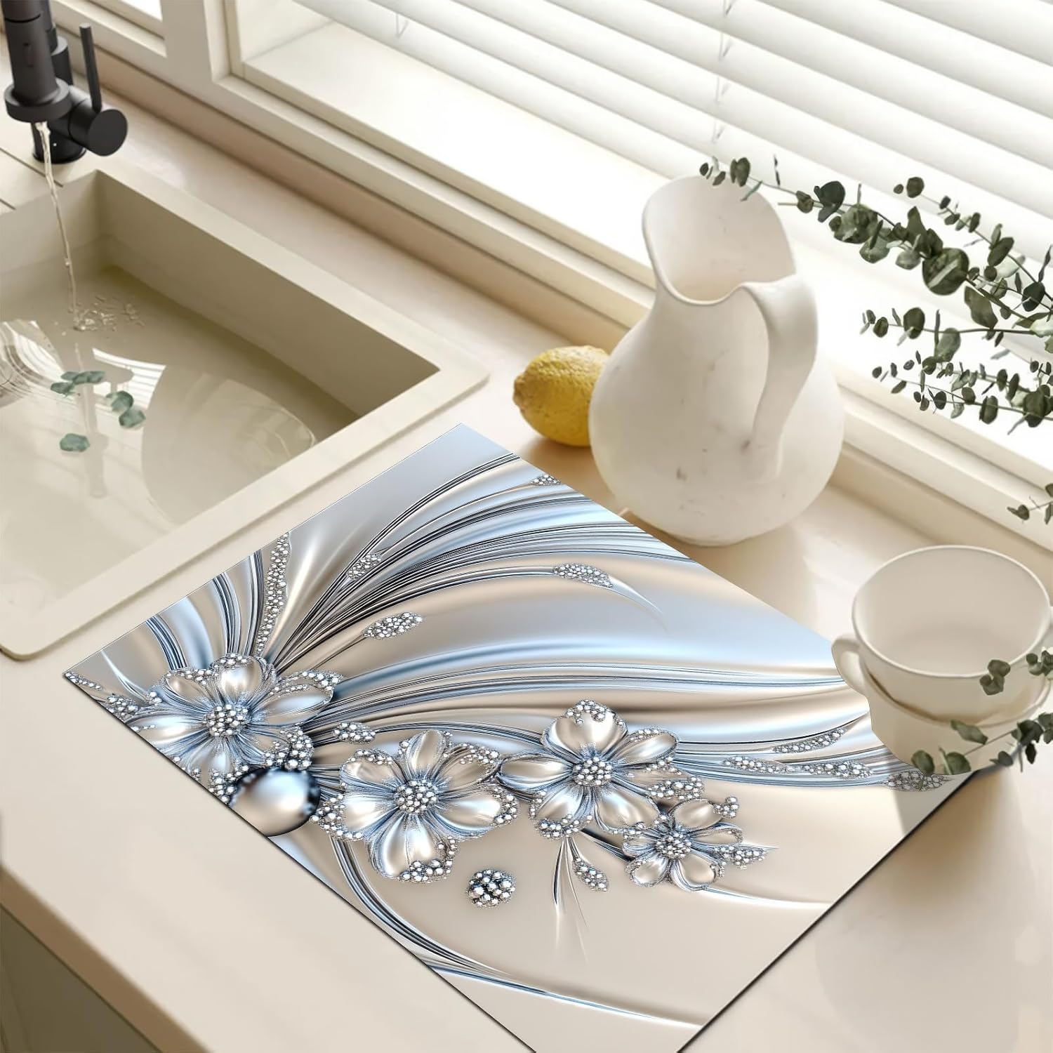 Silver Flowers Stove Top Cover for Electric 28 x 20 inches Pad Silver Flora Kitchen Decorations offee Bar Mats Pad for Stove Top, Dishes, Utensils, Countertops, Sinks - Image 8