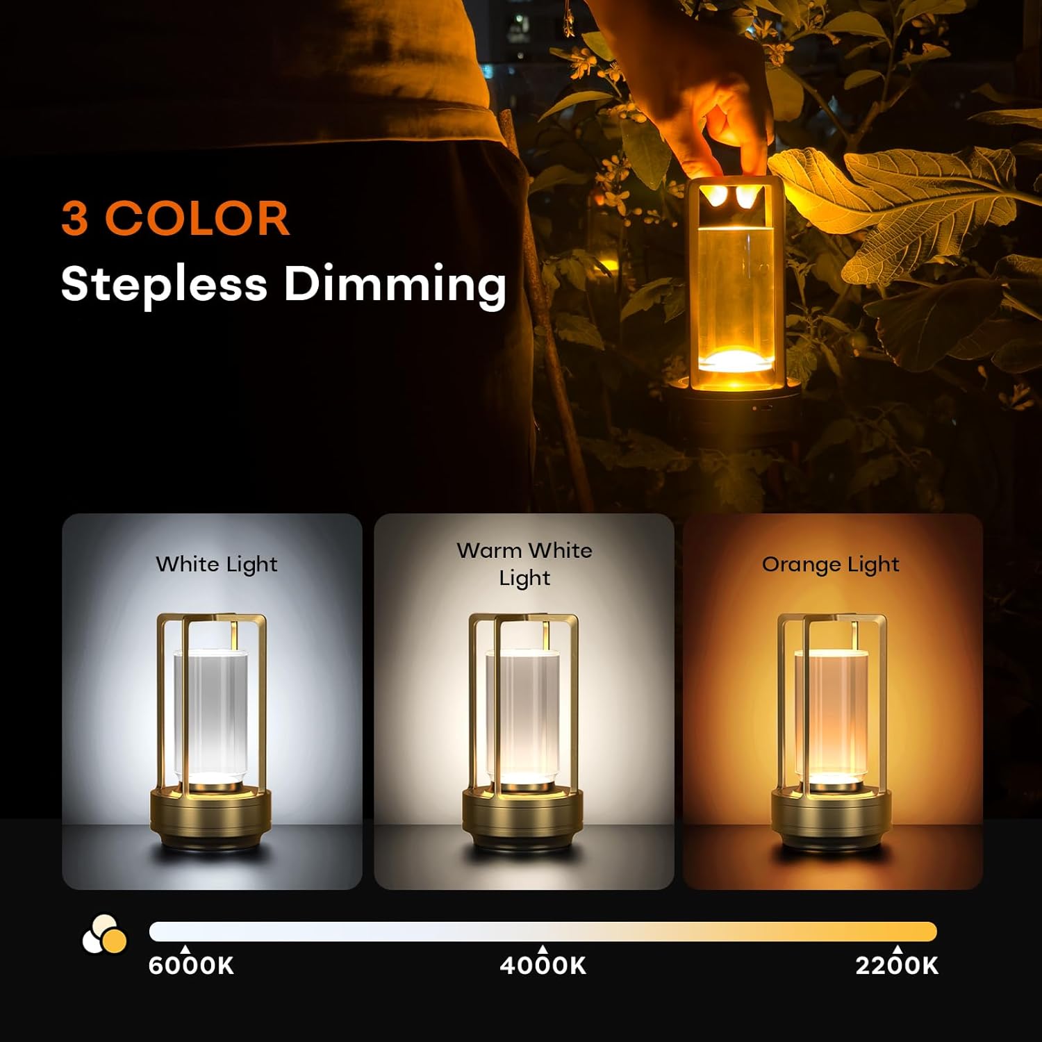 Portable Metal Table Lamp for Indoor/Outdoor ,Rechargeable Cordless LED Lamp, 3-Colour Infinitely Dimming Battery Powered Small Desk Lamp, Restaurant/Bedroom/Bar/Coffee/Camping Light (Gold Set of 2) - Image 3