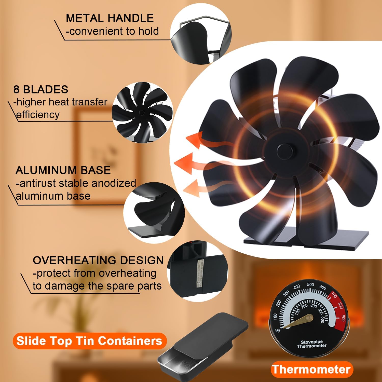 Tomersun Wood Stove Fan Heat Powered 8-Blade Stove Fan, Fireplace Fan for Wood Burning Stove/Pellet/Log Burner, w/Stove Accessories Thermometer & Aroma Pod - Image 5