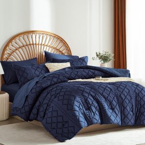 Navy Blue Tufted Comforter Set Queen Size 7 Piece Bed in Bag,Shabby Chic Boho Comforter and Sheet Set,All Season Soft Microfiber Complete Comforter Bedding Set(Navy Blue,90"x90")
